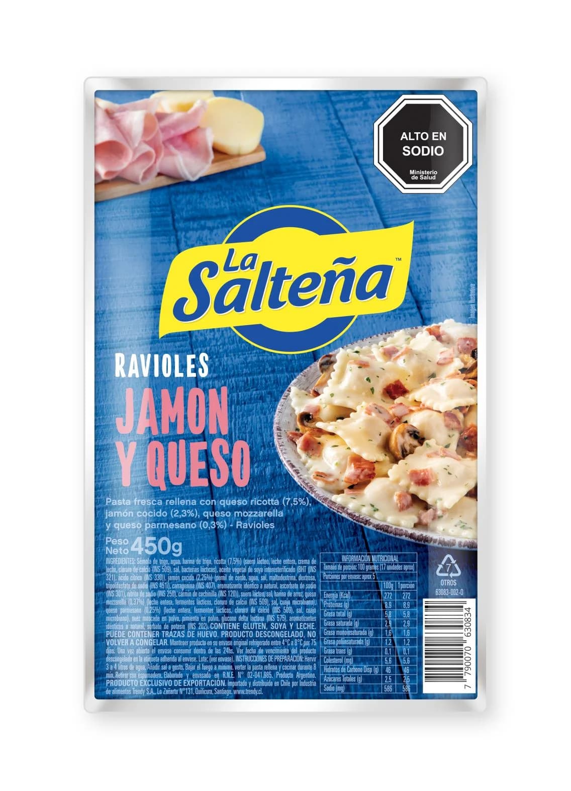 Envase original de Ravioles Jamón y Queso La Salteña 450 g