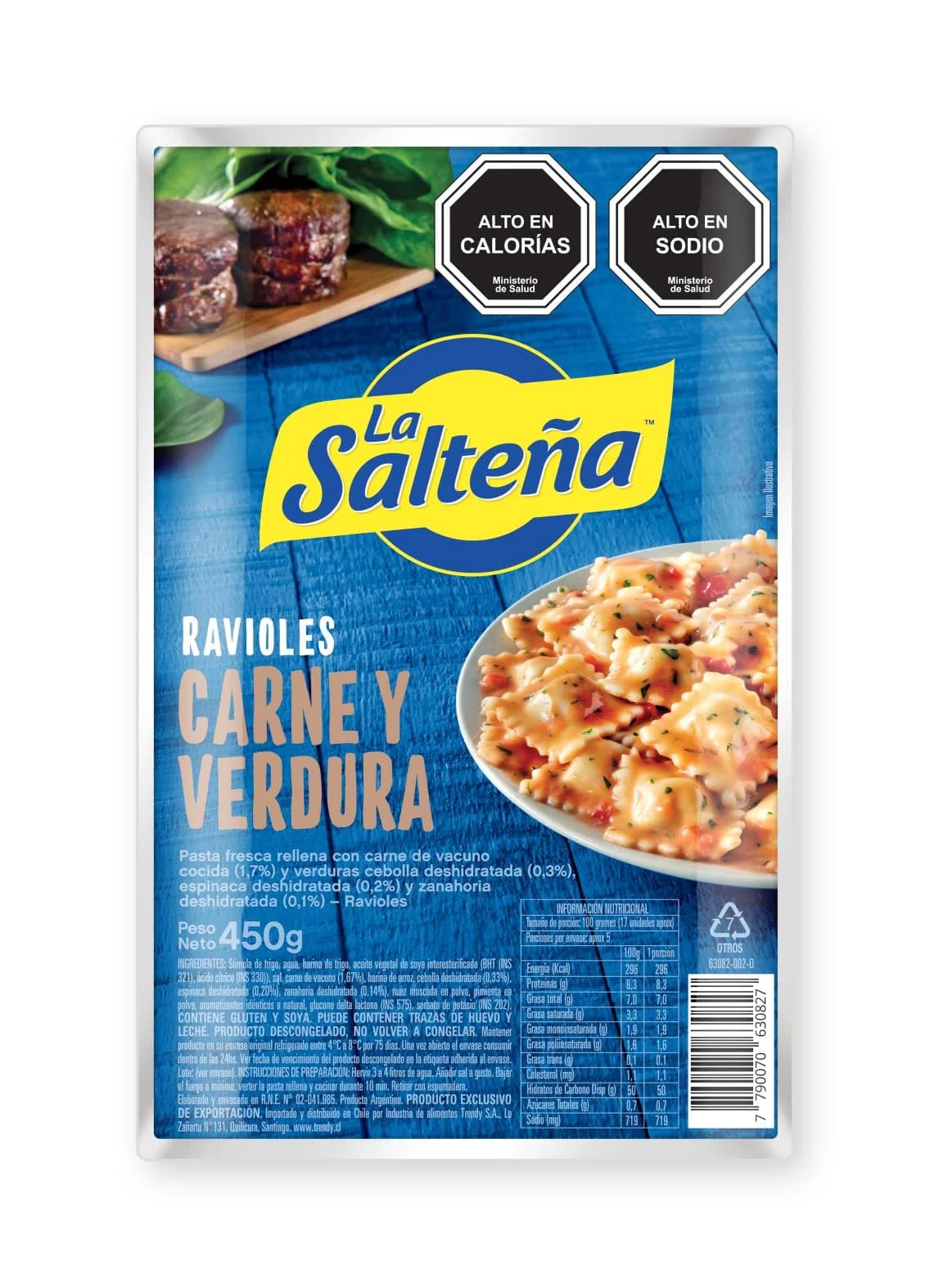 Envase original de Ravioles Carne y Verdura La Salteña 450 g