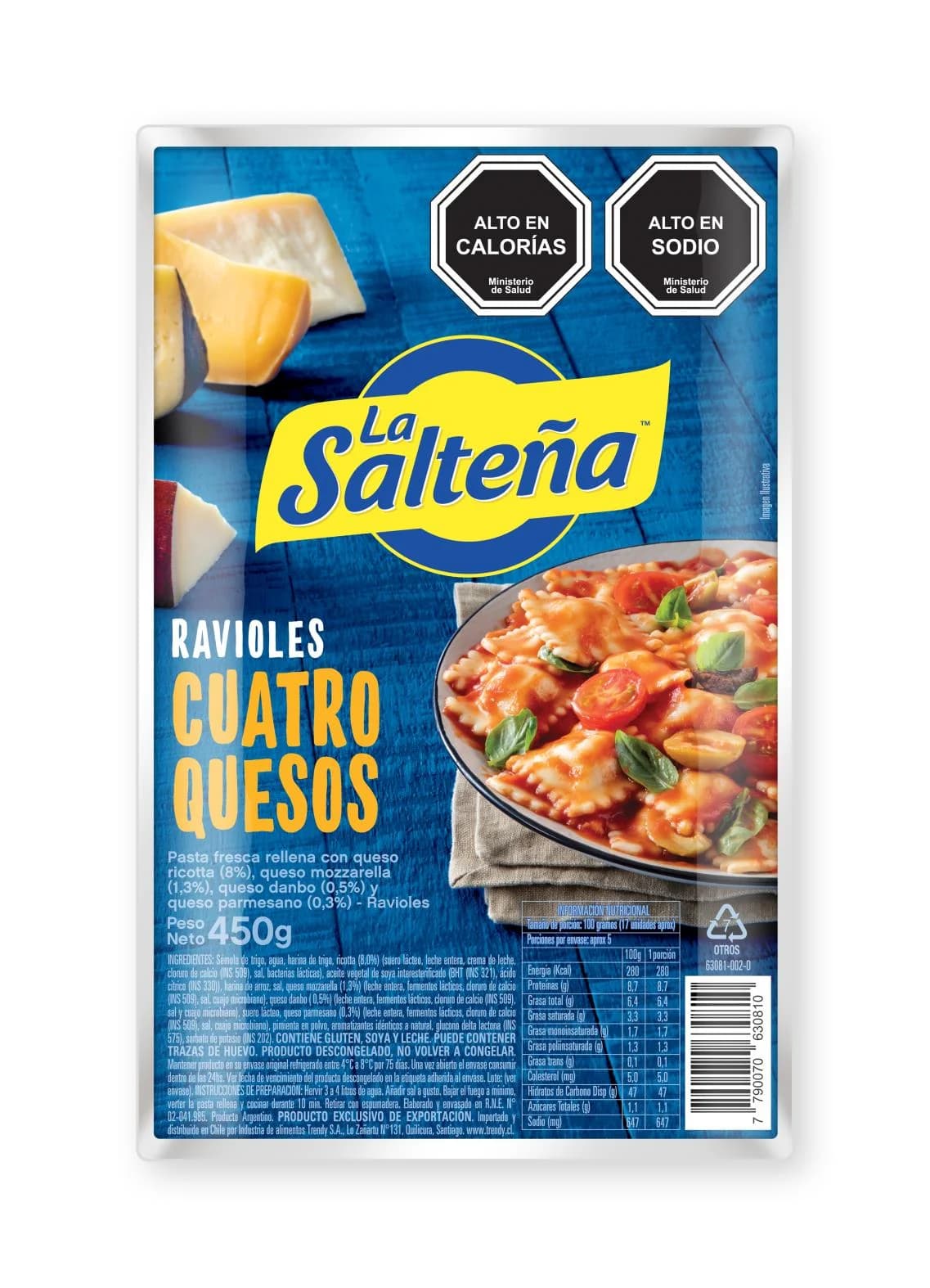 Envase original de Ravioles Cuatro Quesos La Salteña 450 g