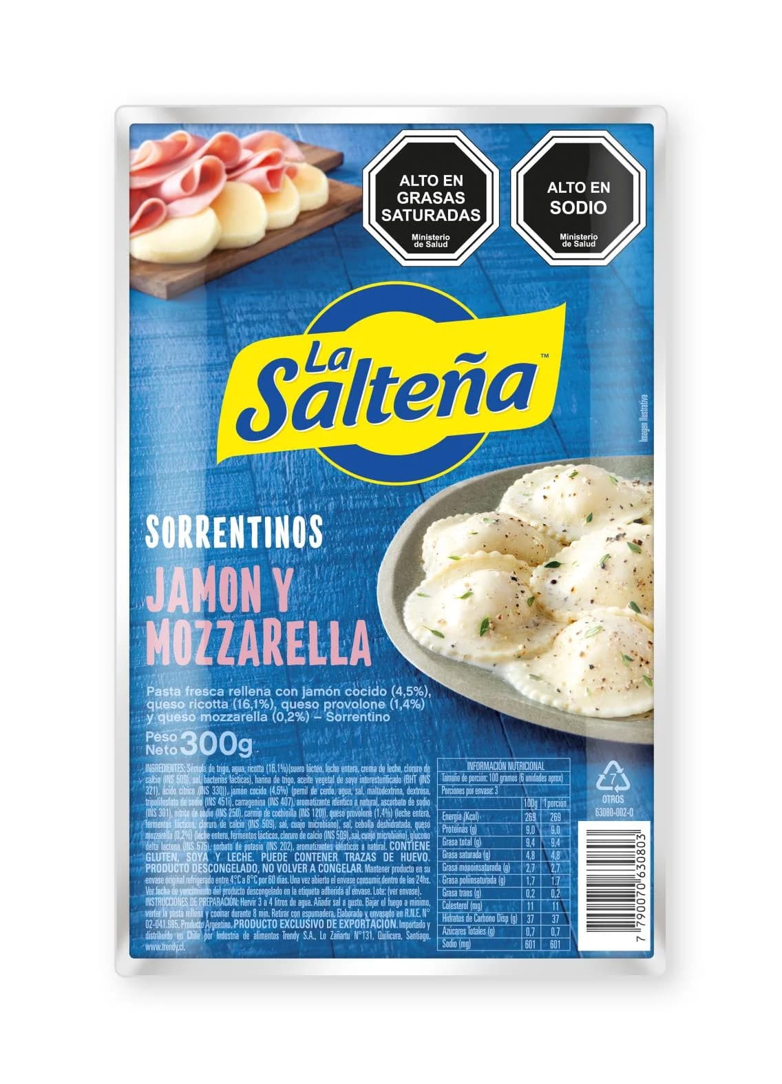 Envase original de Sorrentinos Jamón y Mozzarella La Salteña 300 g